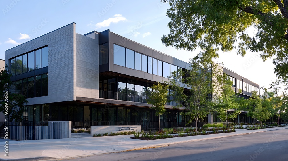 Contemporary Urban Office Building with Trees Enhancing the Streetscape View : Generative AI Contemporary Urban Office Building with Trees Enhancing the Streetscape View : Generative AI