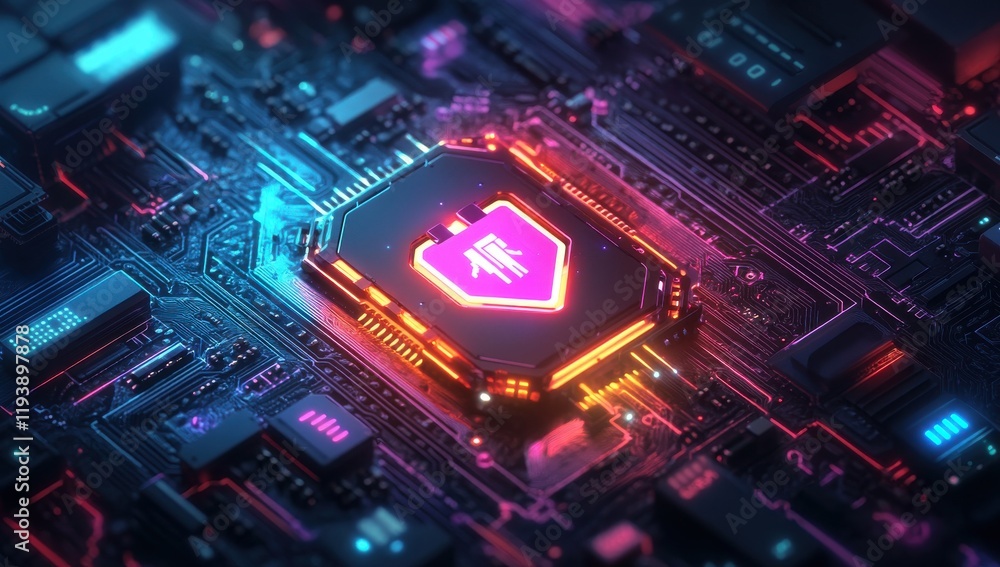 Futuristic Microprocessor with Glowing Circuit Board and Neon Lights in a High-Tech Environment, Representing Advanced Technology and Innovation Futuristic Microprocessor with Glowing Circuit Board and Neon Lights in a High-Tech Environment, Representing Advanced Technology and Innovation
