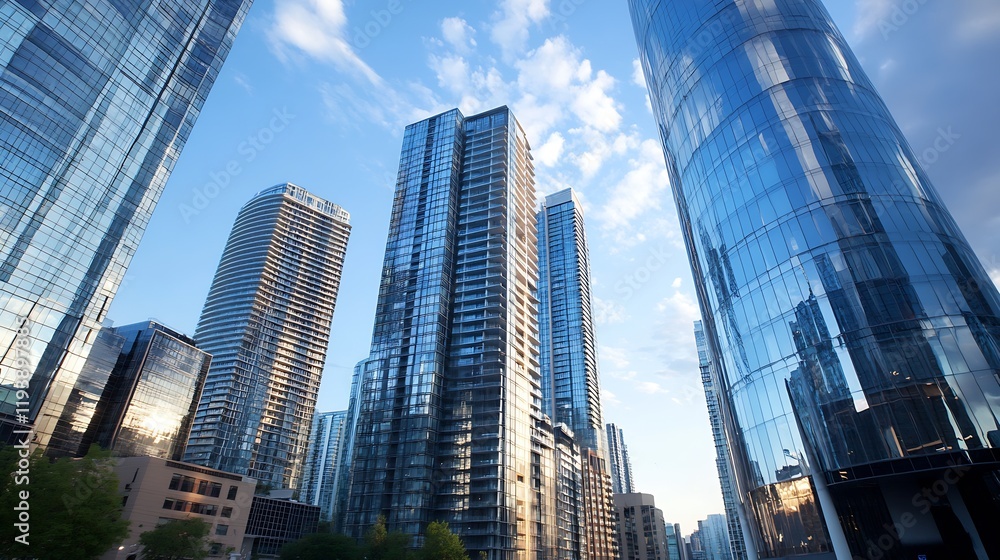 Obraz premium Futuristic Glass Skyscrapers in Vibrant Modern Financial District Cityscape : Generative AI