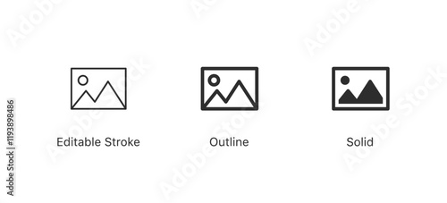image, photo album icon vector set gallery symbol in editable stroke, outline, filled and solid styles for user interfaces, media libraries, portfolios, and image galleries