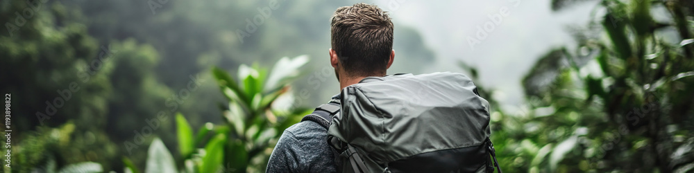 Man with Backpack in Forest Landscape Man with Backpack in Forest Landscape