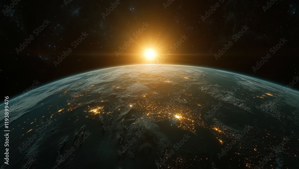 Obraz premium Majestic Sunrise Over Earth from Space, Illuminating Cities and Landscapes with Golden Light, Capturing the Beauty of Our Planet in Stunning Detail