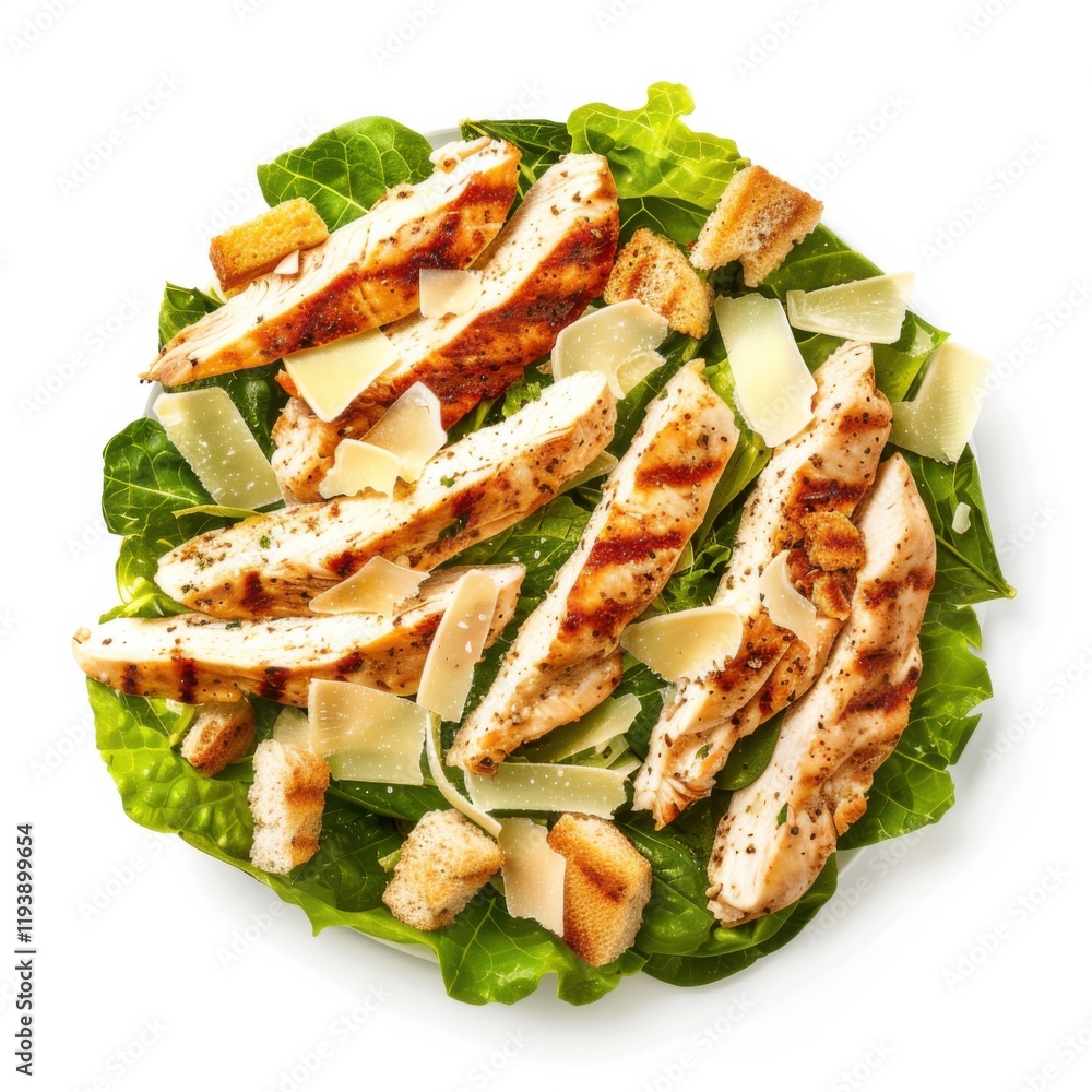 A Caesar salad with grilled chicken strips and Parmesan shavings, isolated white background, modern art style A Caesar salad with grilled chicken strips and Parmesan shavings, isolated white background, modern art style
