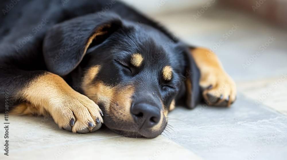 Fototapeta premium Cute Puppy Sleeping Peacefully on Tiled Floor in Cozy Home Environment : Generative AI
