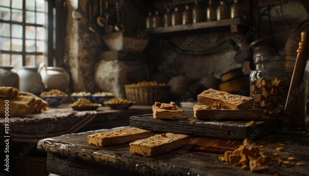 A rustic kitchen counter with a variety of ingredients and baked goods, including a bowl of nuts, a basket of nuts, jars of dried fruit, and several loaves of bread. A rustic kitchen counter with a variety of ingredients and baked goods, including a bowl of nuts, a basket of nuts, jars of dried fruit, and several loaves of bread.