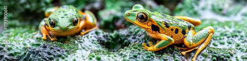 Two Green and Gold Frogs on Mossy Rock photo