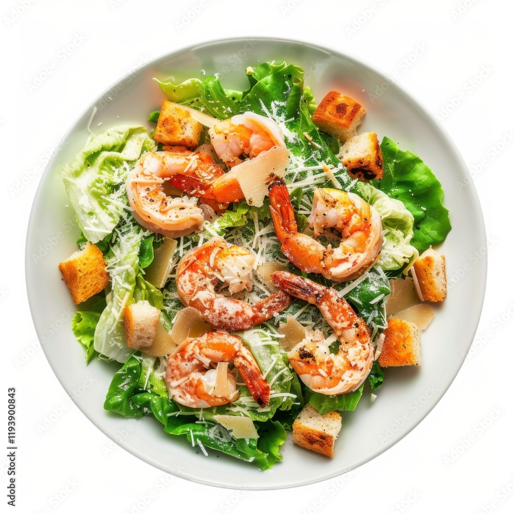 A Caesar salad with grilled shrimp and Parmesan cheese, isolated white background, hyperrealism art style A Caesar salad with grilled shrimp and Parmesan cheese, isolated white background, hyperrealism art style