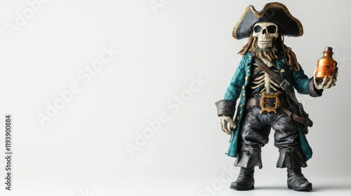 Skeleton Pirate Figurine Holding Bottle with Attire, Captivating Masculine Style for Halloween or Nautical Themes, Eerie yet Charismatic Decoration photo