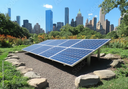 Solar Panels in Central Park with City Skyline in Background Showcasing Renewable Energy Integration into Urban Landscape photo