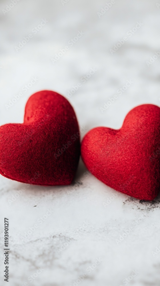 Fototapeta premium Two Red Heart Shaped Cushions on Soft White Surface Symbolizing Love and Togetherness : Generative AI