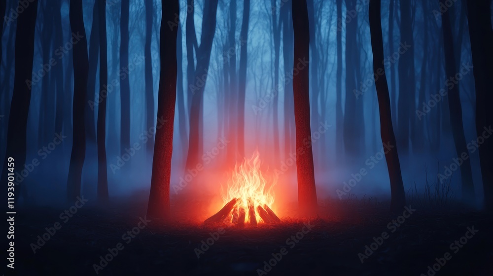 Naklejka premium Mystical Campfire Glowing in Foggy Forest at Night