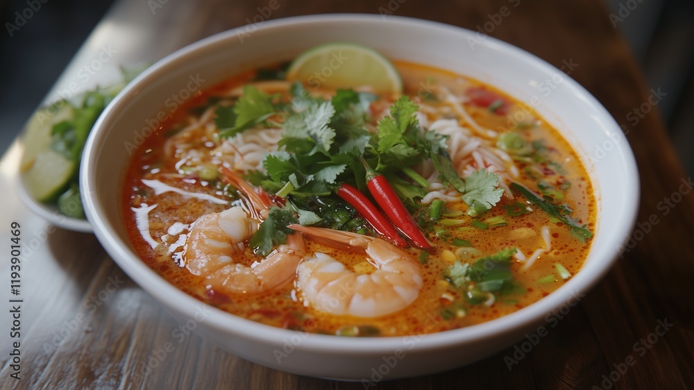 Thai Tom Yum Kung Soup with Prawns and Herbs, spicy Thai Tom Yum Kung Soup with Prawns and Herbs, spicy