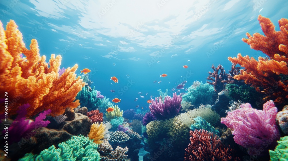 Naklejka premium Vibrant Underwater Scene with Colorful Coral Reefs and Fish