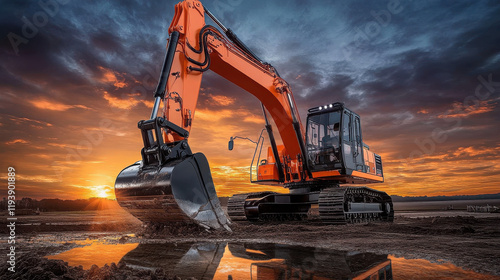 A powerful excavator working at sunset, showcasing its digging capabilities.