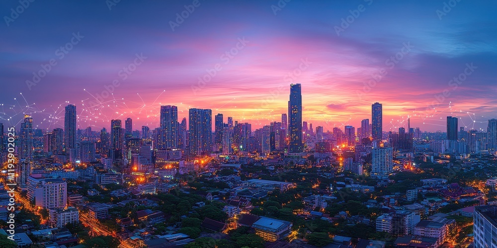 Obraz premium Stunning Aerial View of a Modern City Skyline at Sunset with Vibrant Colors and Illuminated Buildings against a Dramatic Cloudy Sky