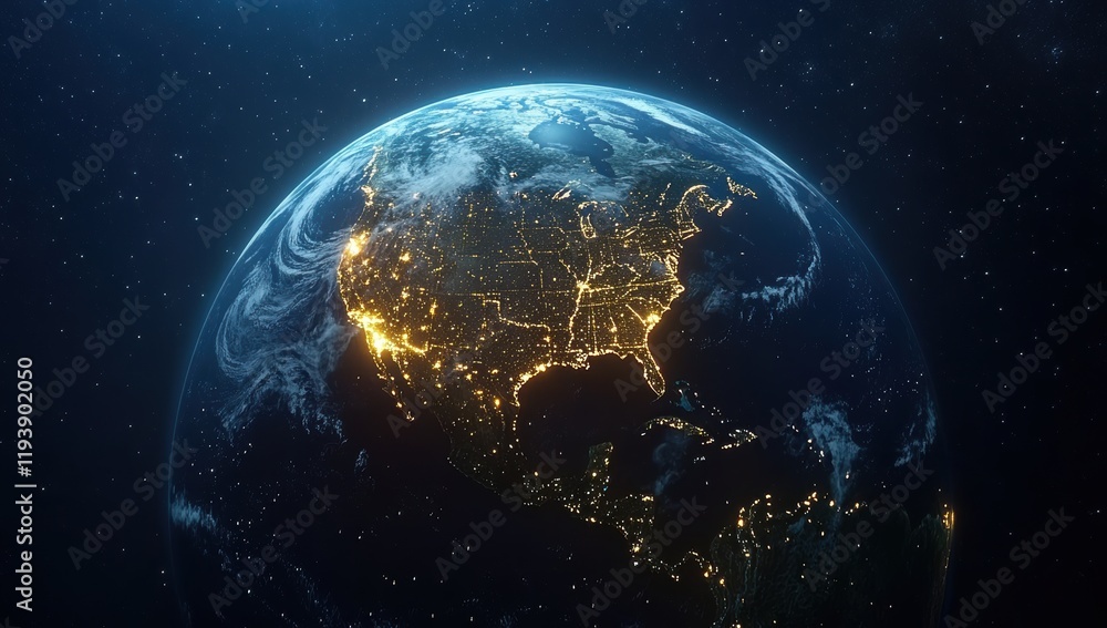 Obraz premium Stunning Aerial View of the Earth at Night Illustrating City Lights and Natural Features in a Beautiful Cosmic Setting