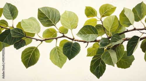 Green aspen branch with leaves on light background.