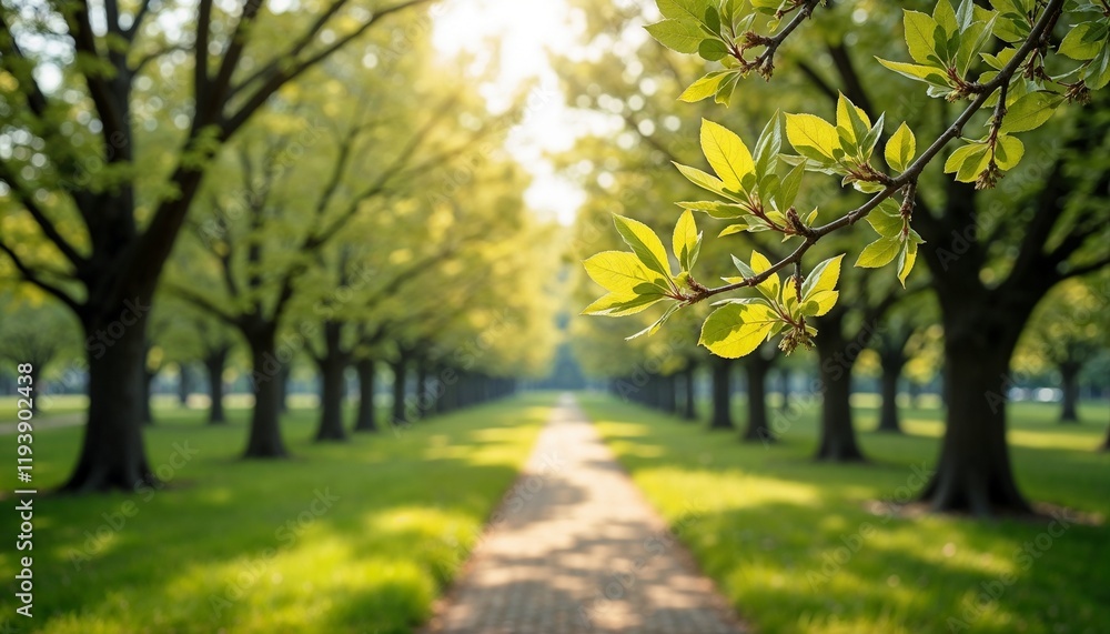 Path lined with green budding trees, fresh leaves illuminated by soft afternoon light in a serene landscape Path lined with green budding trees, fresh leaves illuminated by soft afternoon light in a serene landscape