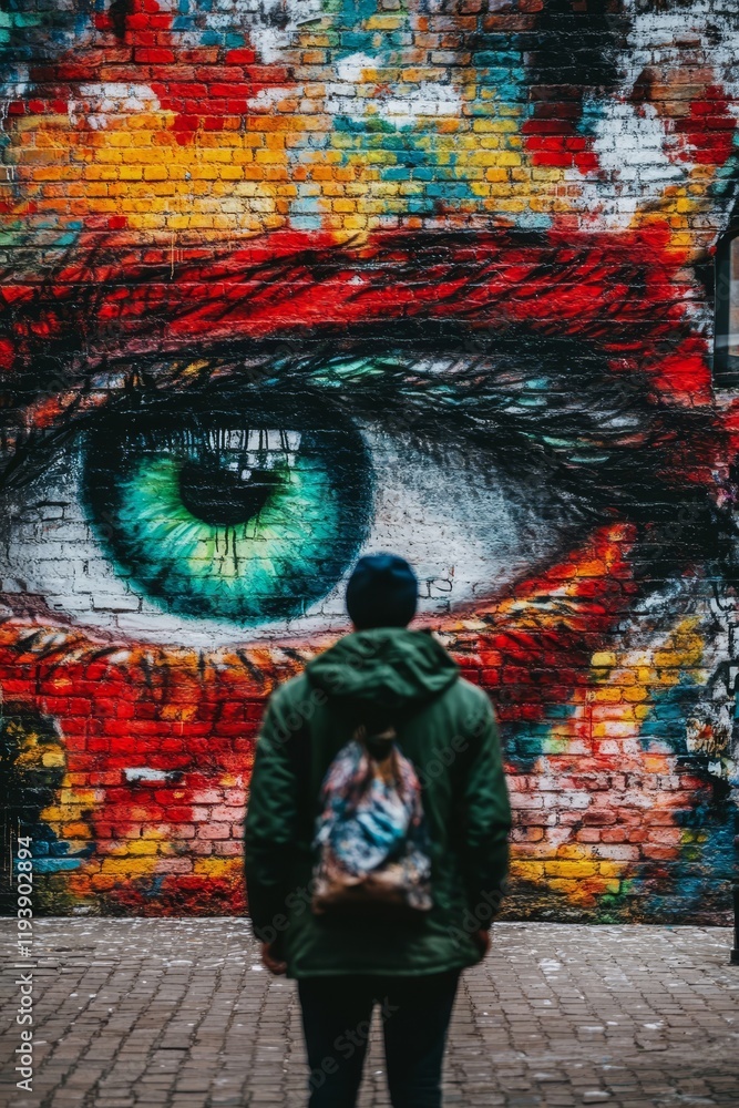 Obraz premium Man Contemplating Vibrant Large Eye Mural Painted On Brick Wall, Street Art And Urban Exploration