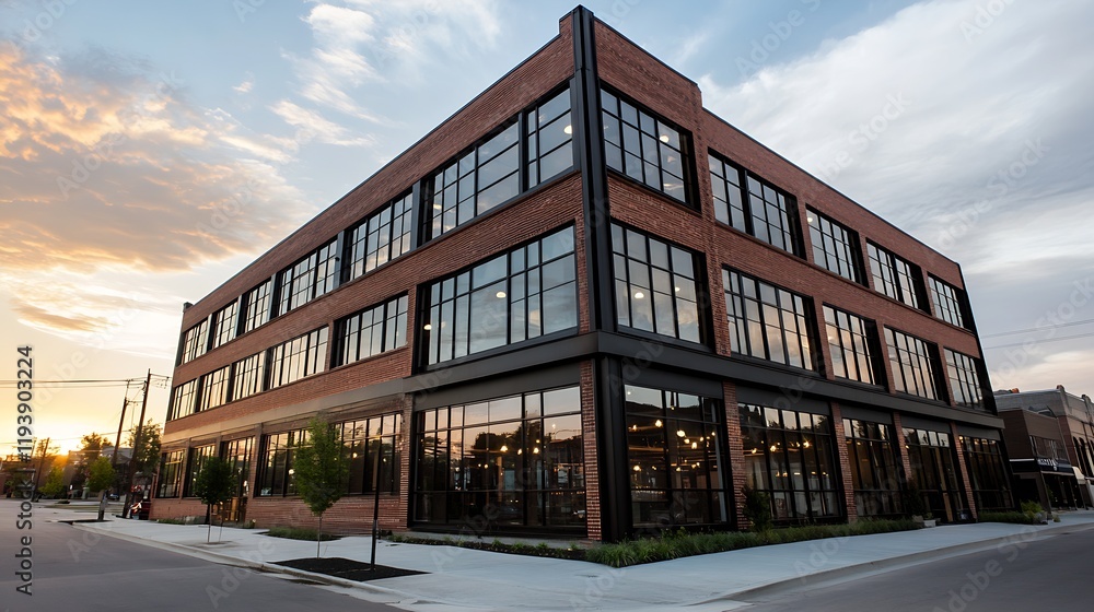Obraz premium Brick Commercial Building with Floor to Ceiling Windows at Sunset in Urban Environment : Generative AI