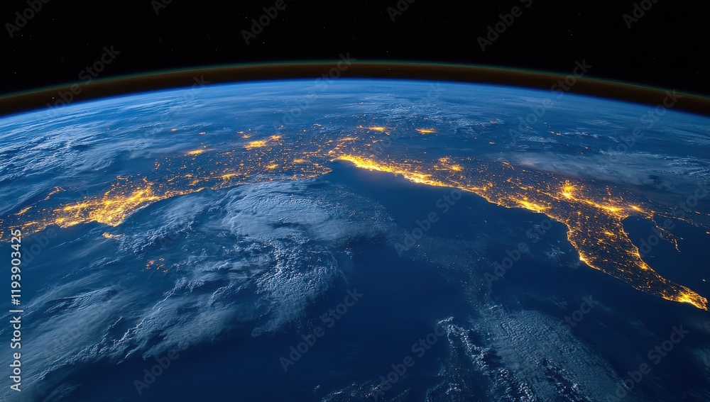 Obraz premium Stunning View of Earth from Space Capturing Urban Lights, Water Bodies, and Atmospheric Patterns During Nighttime Over a Vast Landscape