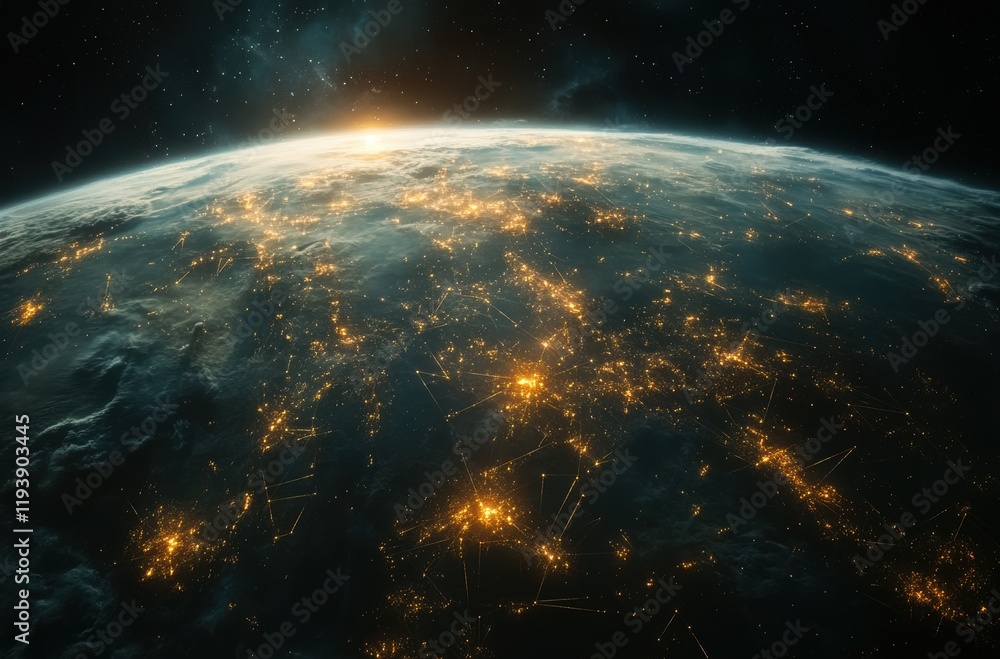 Obraz premium Stunning View of Earth from Space During Dawn with Bright City Lights and Atmospheric Glow, Captivating Details of the Planet's Surface and Tiny Connections Shining Across the Horizon