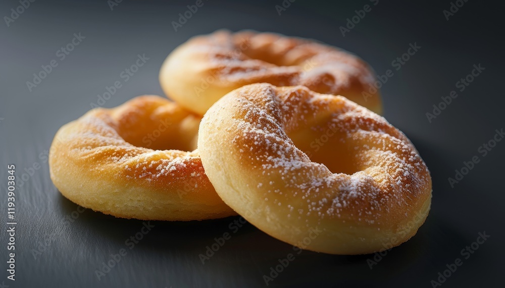 Three freshly baked, powdered sugar donuts arranged on a dark surface. Three freshly baked, powdered sugar donuts arranged on a dark surface.