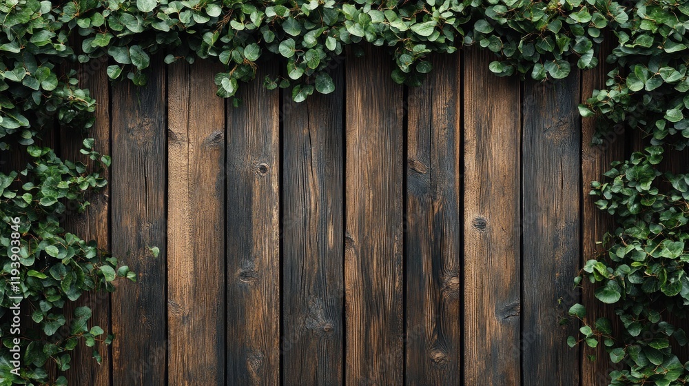 Green vines framing rustic wooden fence background for design use. Green vines framing rustic wooden fence background for design use.