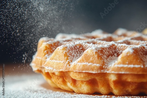 Golden waffle dusted with powdered sugar. Perfect for food blogs, recipes, and breakfast menus. photo