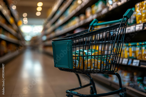 Grocery cart aisle shopping supermarket snacks photo