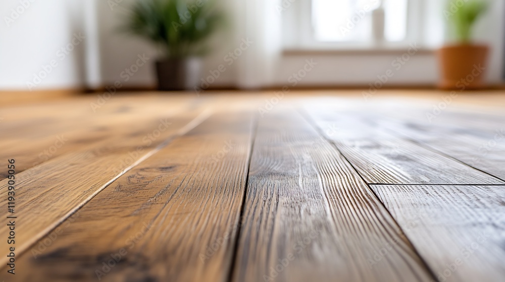 Warm Wooden Flooring in Sunlit Living Space with Indoor Plants : Generative AI