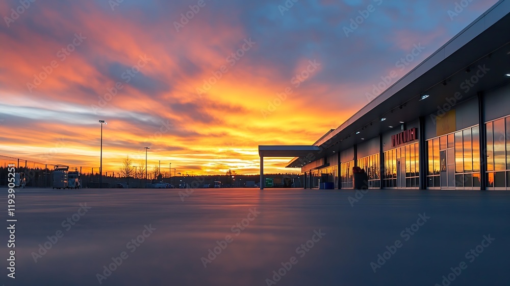 Modern Shopping Complex at Sunset with Bold and Intense Sky : Generative AI Modern Shopping Complex at Sunset with Bold and Intense Sky : Generative AI