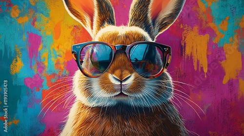 Obraz na płótnie Cool rabbit wearing sunglasses urban setting vibrant art whimsical style w salonie