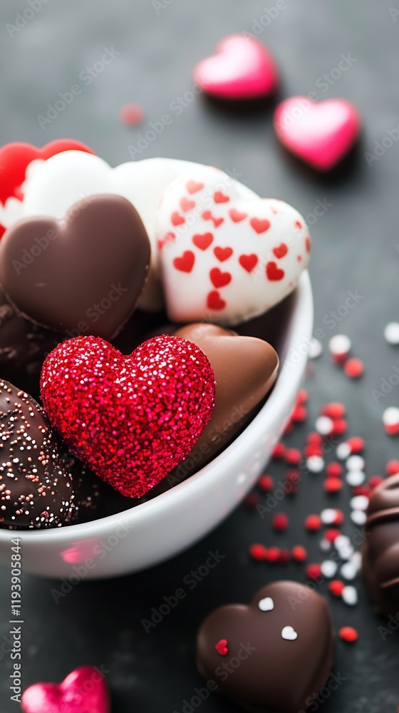 Obraz premium Bowl of Assorted Heart Shaped Chocolates with Decorations for Valentine's Day Celebration : Generative AI