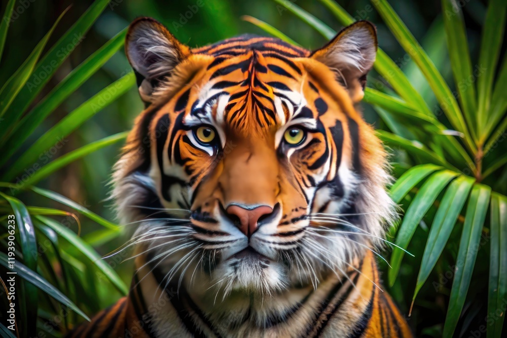 Fototapeta premium An aerial close-up reveals a Malayan tiger's striking orange coat, black stripes contrasting sharply against lush green foliage.