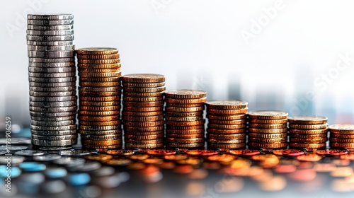 Coins stacked in descending order, illustrating financial growth or decline against a blurred cityscape background. photo