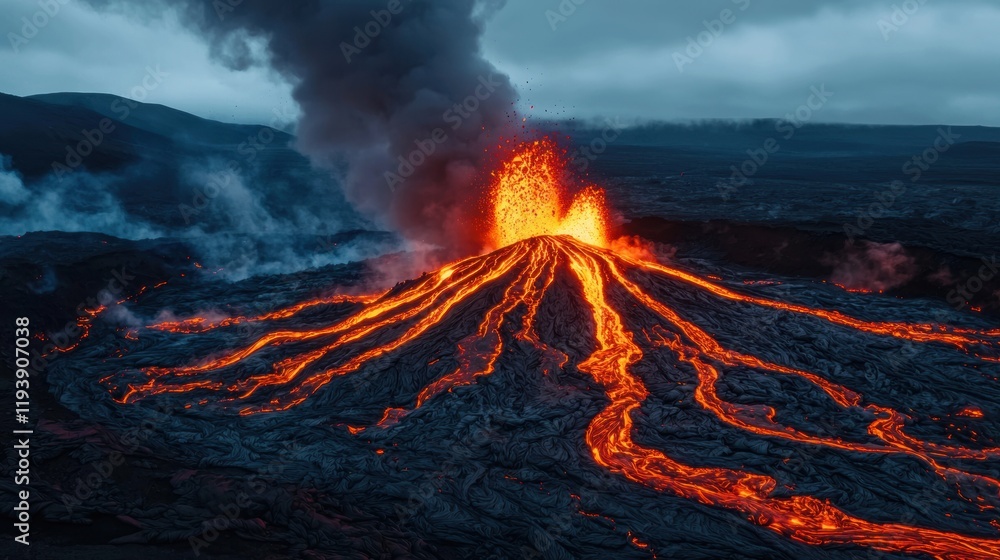Fototapeta premium Erupting Volcano with Lava Flowing Downside in Dramatic Landscape