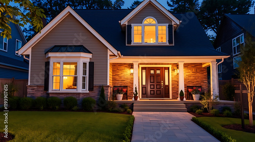 Illuminated Brick House Exterior at Night: A Captivating View of a Dream Home's Architecture and Landscape photo