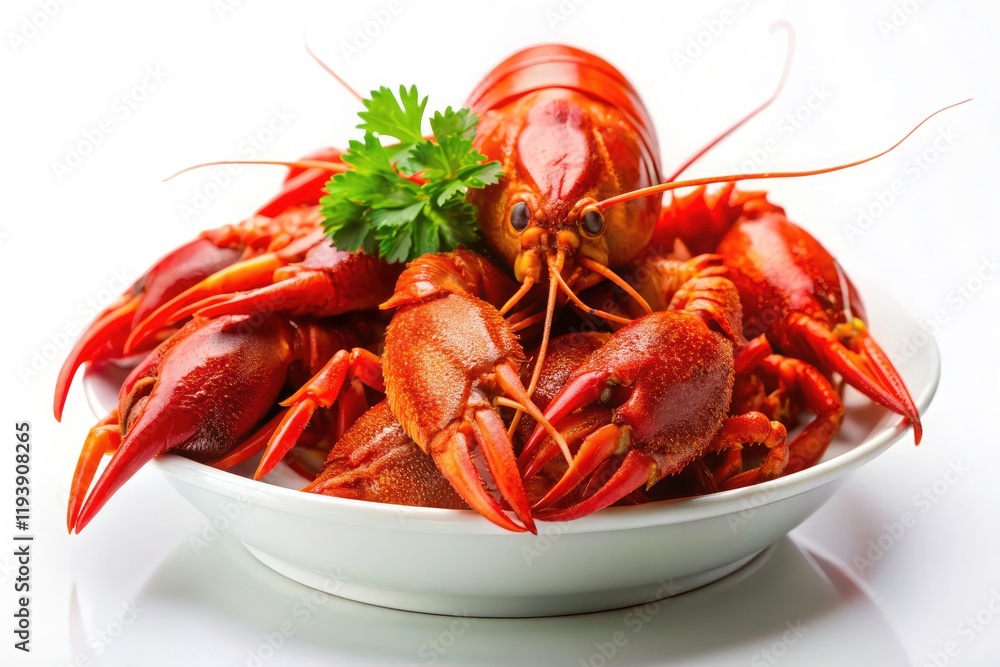 Delicious boiled crayfish, vibrant red against a white background, showcasing the exquisite details of this seafood delicacy. Delicious boiled crayfish, vibrant red against a white background, showcasing the exquisite details of this seafood delicacy.