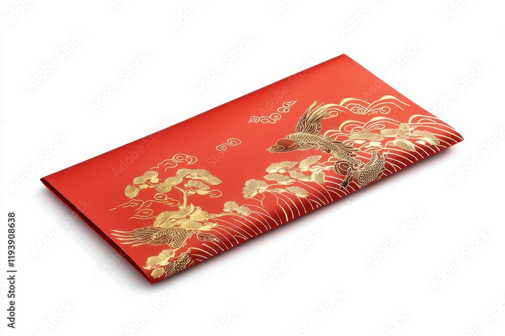 Elegant red envelope with gold embossed phoenix and nature design perfect for celebrations like Chinese New Year enhancing gift presentation with vibrant style suitable for invitations Elegant red envelope with gold embossed phoenix and nature design perfect for celebrations like Chinese New Year enhancing gift presentation with vibrant style suitable for invitations