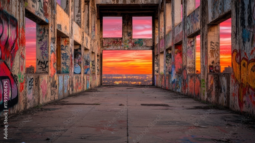 Fototapeta premium Urban Decay in Abandoned Building with Colorful Sunset Sky
