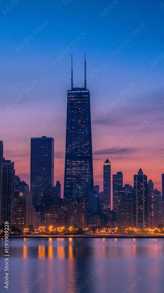 Obraz premium tall buildings illuminated at sunset next to a lake in Dubai with copy space vertically 9:16