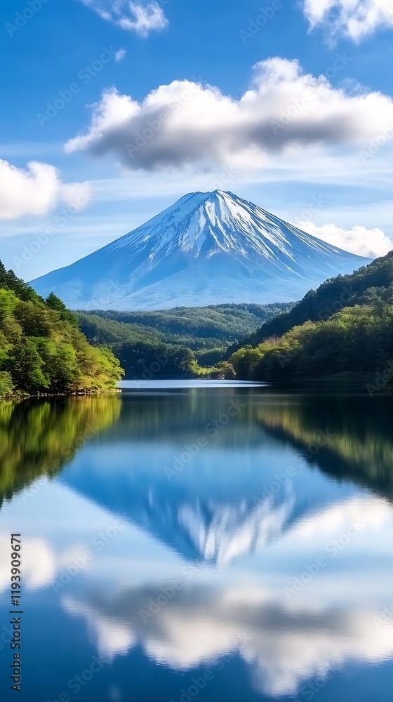 Majestic Mount Fuji Reflecting in a Tranquil Lake Surrounded by Green Forest : Generative AI Majestic Mount Fuji Reflecting in a Tranquil Lake Surrounded by Green Forest : Generative AI