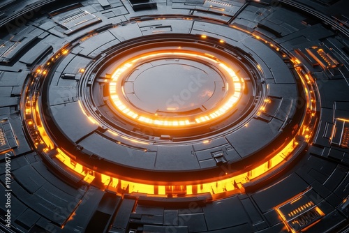 Futuristic circular tech design with glowing orange accents. Ideal for sci-fi, technology, or abstract backgrounds.