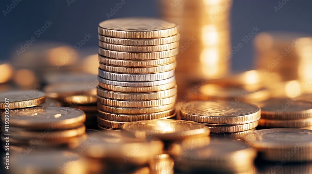 Close up view of stacked golden coins symbolizing wealth and financial prosperity : Generative AI Close up view of stacked golden coins symbolizing wealth and financial prosperity : Generative AI