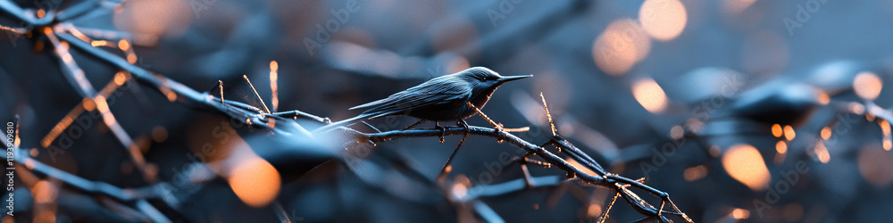 Small Bird on Thorny Branch with Bokeh Background