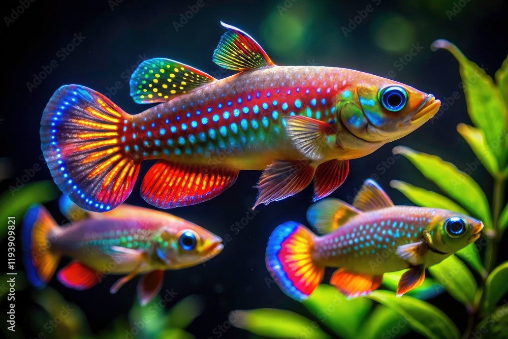 Fototapeta premium Low-light magic reveals the ethereal beauty of celestial pearl danios in breathtaking underwater shots.