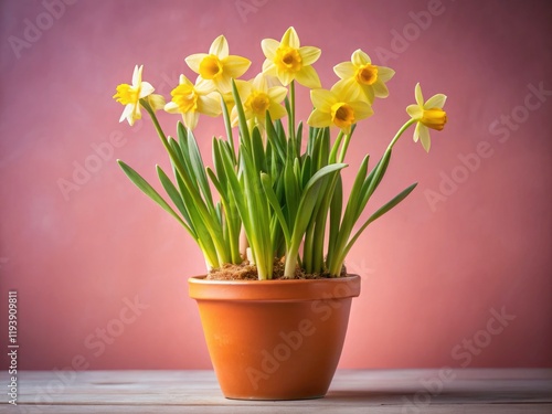 Wallpaper Mural Low light captures vibrant narcissus in pink-hued pots; rebirth blooms, signifying new beginnings. Torontodigital.ca