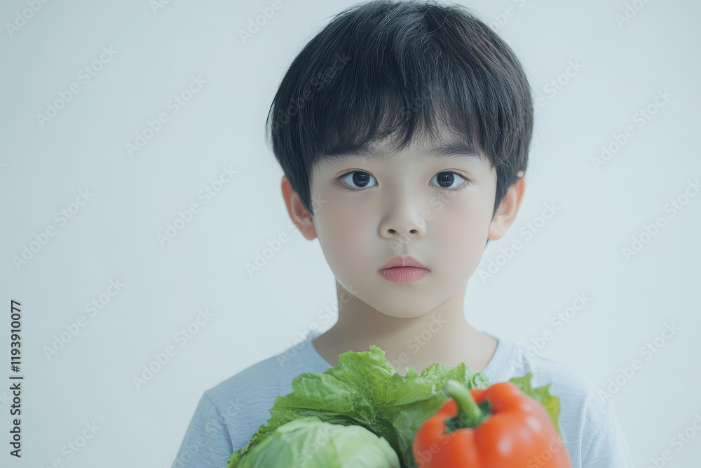 A young boy holding fresh vegetables, promoting healthy eating and nutrition awareness. A young boy holding fresh vegetables, promoting healthy eating and nutrition awareness.