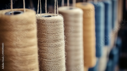 Row of Colorful Natural Twine Spools Creating a Textured Background in Workshop : Generative AI photo